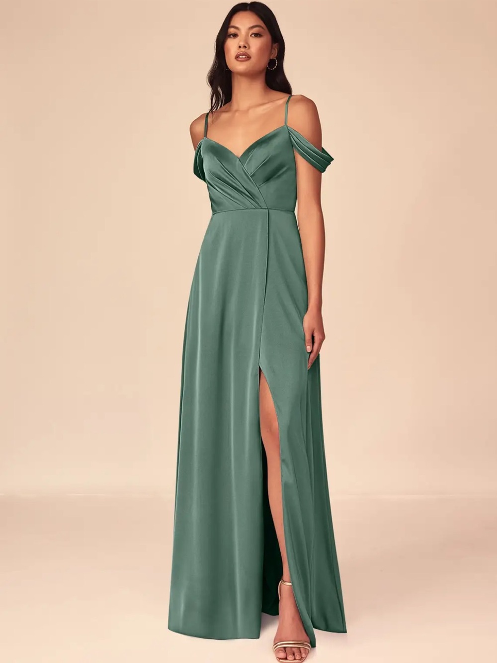 Azazie A-Line V-Neck Pleated Stretch Satin Floor-Length Dress Eucalyptus Sz 12